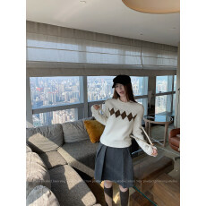 批发<b class='q'>北极</b><b class='q'>绒</b>洗水 韩系菱格圆领套头针织衫春秋季修身显瘦内搭休闲上衣