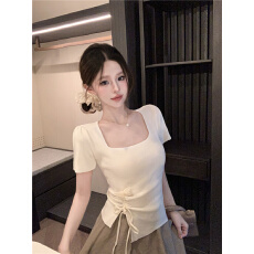 批发法式<b class='q'>甜美</b>方领绑带短袖针织衫2026夏季设计感抽褶收腰洋气上衣女