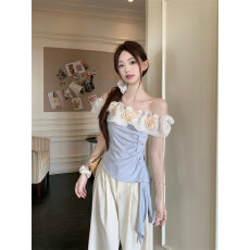 批发港味立体<b class='q'>花朵</b>飘带一字肩领露肩<b class='q'>T</b><b class='q'>恤</b>2026夏季性感修身显瘦百搭上衣