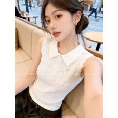 批发法式慵懒感镂空翻领背心针织衫夏季设计感修身显瘦时尚通勤上衣女