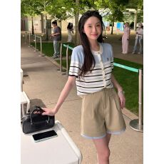 批发韩系撞色条纹<b class='q'>圆领</b>短袖<b class='q'>针织</b><b class='q'>开衫</b>女2026夏季显瘦宽松洋气外套上衣