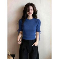 批发甜辣风<b class='q'>不规则</b>系带圆领短袖针织衫夏季设计感修身显瘦时尚百搭上衣