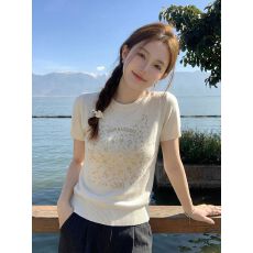 批发韩系卡通印花短袖针织衫女2026夏季修身显瘦时尚<b class='q'>甜美</b>百搭短款上衣