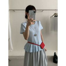 批发韩系荷叶边下摆圆领短袖针织衫女夏季修身显瘦甜美温柔百搭上衣