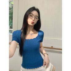 批发法式甜美风方领花边短袖针织衫夏季新款修身显瘦时尚百搭短款上衣