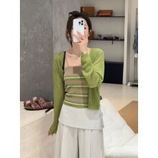 批发纯欲条纹裹胸无袖背心<b class='q'>长袖</b>针织开衫夏季修身显瘦辣妹性感套装上衣