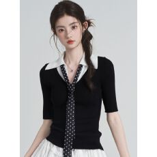 批发甜美撞色翻领波点丝巾<b class='q'>中袖</b>针织衫夏季修身显瘦气质百搭短款上衣女