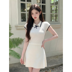 批发韩系撞色拼接娃娃领刺绣针织衫<b class='q'>连衣裙</b>夏季修身显瘦温柔时尚短裙