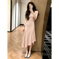 批发纯欲不规则下摆坎条无袖针织<b class='q'>连衣裙</b>夏季收腰显瘦辣妹时尚包臀长裙