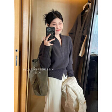 安迪绒韩系v领高级感针织衫秋冬季打底衫小众下摆开叉短款上衣