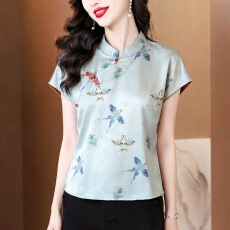 批发夏季<b class='q'>真丝</b>上衣新中式国风短袖<b class='q'>衬衫</b>中老年妈妈夏装女桑蚕丝T恤小衫