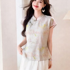 批发夏季新中式国风缎面短袖衬衫女圆领盘扣开叉上衣宽松复古打底<b class='q'>t</b><b class='q'>恤</b>