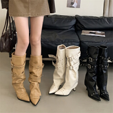 富贵一足尖头长靴辣妹风设计感皮带扣高跟长靴显瘦百搭高筒裤管靴