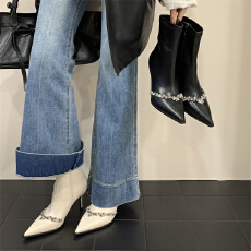 富贵一足韩系名媛风水钻弹力瘦瘦靴女尖头细跟短靴高跟显瘦侧拉链