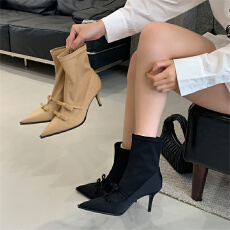 批发富贵一足蝴蝶结尖头细跟短靴女复古百搭瘦瘦靴小众设计感时装短靴