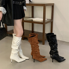 批发富贵一足细带金属扣尖头高跟长靴秋<b class='q'>冬</b>皱褶高筒靴美拉德显瘦堆堆靴