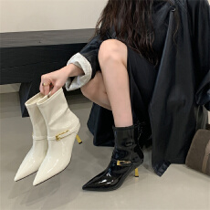 富贵一足金属皮带扣时装靴法式尖头高跟侧拉链瘦瘦靴气质漆皮短靴