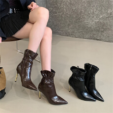 批发富贵一足皱褶时装靴气质尖头金属细高跟短靴秋冬高级感侧拉链靴子