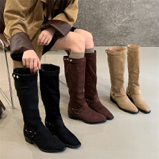 富贵一足复古美拉德牛仔靴皮带扣粗跟高筒靴秋冬2025新款骑士长靴