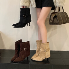 富贵一足裤管靴尖头高跟皮带扣短靴2025秋冬百搭复古绒面时装短靴