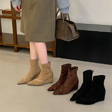 批发富贵一足坡跟短靴秋冬新款尖头高跟绒面后拉链瘦瘦靴复古短筒靴女