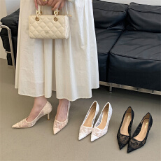 批发富贵一足网纱高跟鞋2026春<b class='q'>夏</b>新款法式浪漫刺绣蕾丝尖头高跟单鞋女