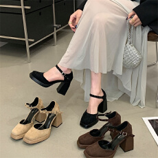 批发富贵一足防水台粗高跟浅口单鞋女2026春夏新款方头一字带玛丽珍鞋