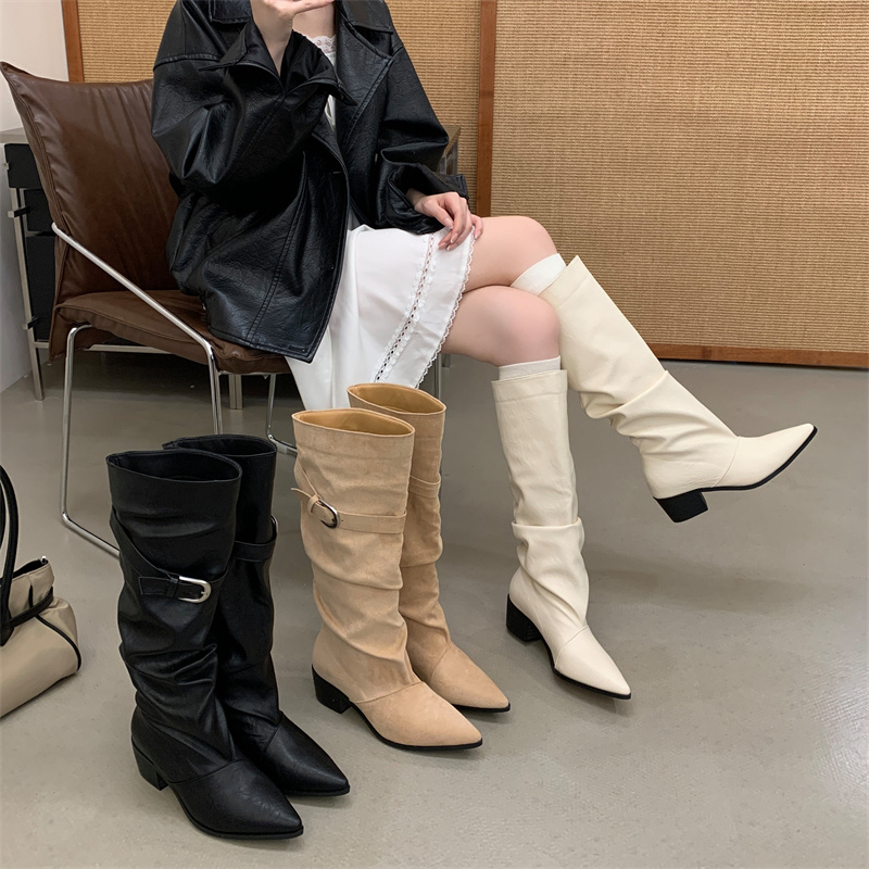 X-33513# 松弛感皱褶堆堆长靴秋冬尖头皮带扣西部牛仔高筒靴女 女鞋批发靴子货源鞋子批发