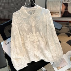 批发实拍大码女装2025秋季新款蕾丝刺绣正肩长袖设计感小众立领衬衫女