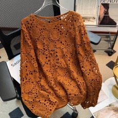 批发实拍大码女装镂空设计感长袖针织衫显瘦休闲复古修身气质上衣女