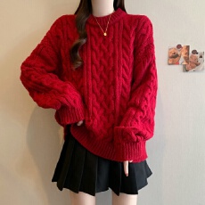 实拍大码女装秋冬新款粗针麻花套头圆领红色胖MM慵懒风针织毛衣女