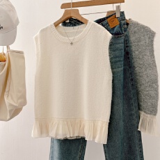 批发实拍大码女装春季蕾丝花边毛衣马甲女叠穿无袖坎肩外搭马夹背心女