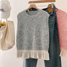 批发实拍大码女装春季蕾丝花边毛衣马甲女叠穿无袖坎肩外搭马夹背心女