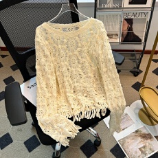 实拍大码女装2026春季新款镂空钩花流苏圆领套头长袖针织罩衫上衣