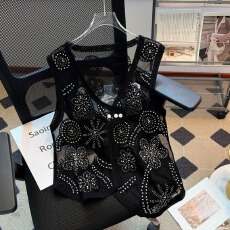 批发实拍大码女装夏季设计感重工刺绣薄款无袖马甲不规则系扣网纱背心