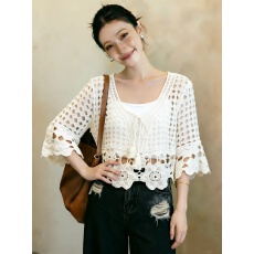 批发实拍<b class='q'>大码</b><b class='q'>女装</b>薄款夏季钩花镂空针织防晒罩衫胖mm独特别致<b class='q'>上衣</b>外套