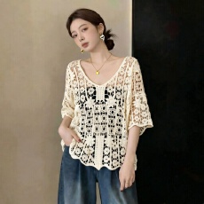 批发大码女装2026夏钩花镂空喇叭袖外穿针织罩衫宽松百搭减龄显瘦上衣