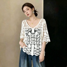 批发大码女装2026夏钩花镂空喇叭袖外穿针织罩衫宽松百搭减龄显瘦上衣