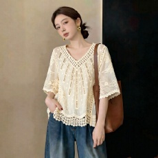 批发大码<b class='q'>女装</b>2026夏季新款镂空短袖衬衫宽松慵懒风V领防晒衣外搭上衣
