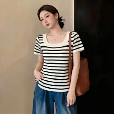 批发胖MM大码女装2026夏季新款正肩短袖方领修身遮肉条纹百搭针织衫女