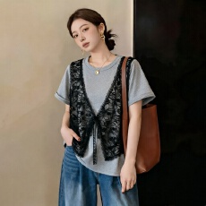 批发大码<b class='q'>胖</b><b class='q'>mm</b>蕾丝拼接正肩短袖T恤女2026夏季新款假两件洋气减龄上衣