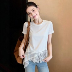 批发大码女装2026<b class='q'>夏</b>新款蕾丝拼接不规则下摆短袖洋气百搭时髦T恤上衣