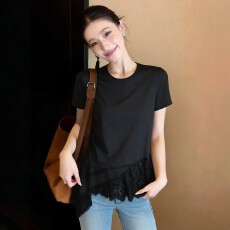 批发大码女装2026<b class='q'>夏</b>新款蕾丝拼接不规则下摆短袖洋气百搭时髦T恤上衣
