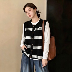 批发大码女装秋冬黑色条纹针织开衫马甲宽松外穿叠穿衬衫坎肩毛衣背心