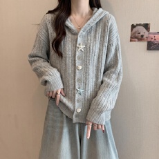 批发大码女装秋冬星星贝壳纽扣毛衣女宽松慵懒风学院风<b class='q'>针织</b>连帽外套女