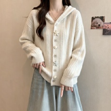 批发大码女装秋冬星星贝壳纽扣毛衣女宽松慵懒风学院风<b class='q'>针织</b>连帽外套女