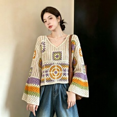 批发<b class='q'>大码</b>女装秋季钩花镂空新款针织衫波西米亚度假风长袖上衣罩衫女