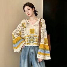批发<b class='q'>大码</b>女装秋季钩花镂空新款针织衫波西米亚度假风长袖上衣罩衫女