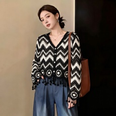 批发大码女装2026秋季新款<b class='q'>时尚</b>流苏民族风百搭缕空设计感针织绣上衣女