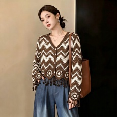 批发大码女装2026秋季新款<b class='q'>时尚</b>流苏民族风百搭缕空设计感针织绣上衣女